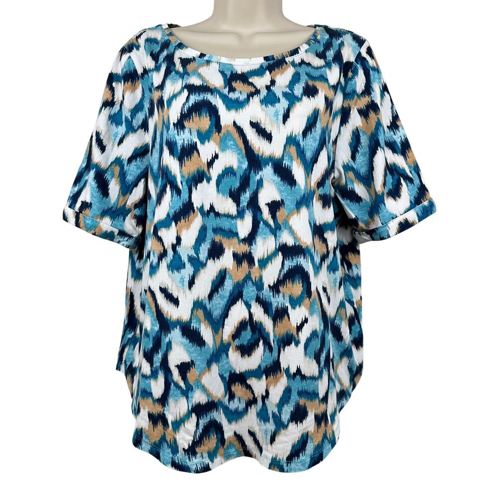 Chico's Knit Blouse Top Short Sleeve Ikat Print Teal Chico 2 US L Artsy Resort